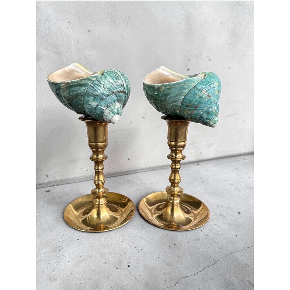 Vintage Solid Brass Coastal Candlestick Holders w/ Green Turbo Shells Pair of 2